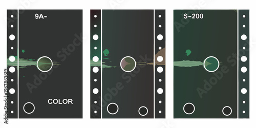 Film strip showing color correction and grading stages with waveforms