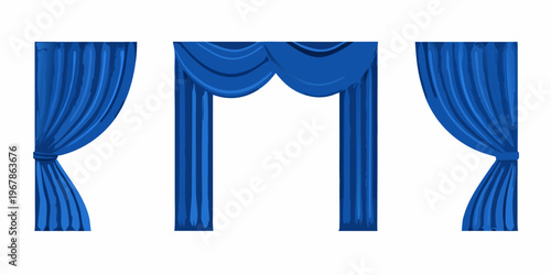 Three blue curtains in varying draped styles isolated on white