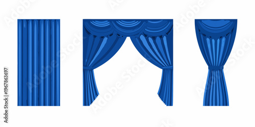 Illustrations of blue curtains in three distinct styles and arrangements