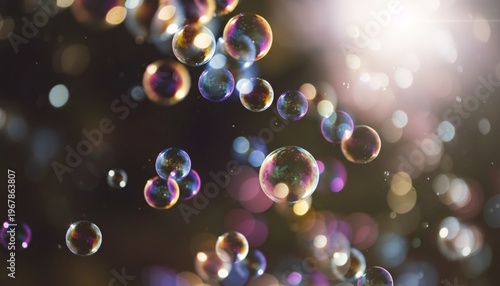 A mesmerizing close-up of iridescent bubbles floating in mid-air with a blurred colorful background and soft lighting.