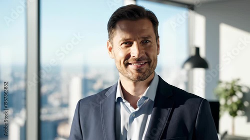 Professional businessman smiling in modern office with city view