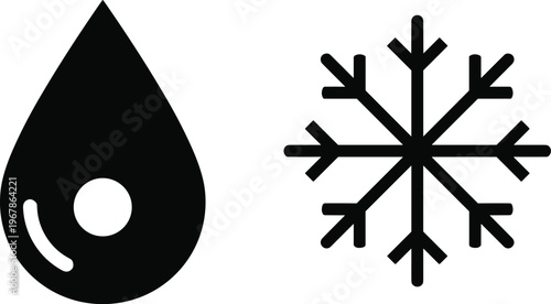 water drop and snowflake icon set, liquid and cold temperature symbols, climate weather concept vector, black minimal silhouette design