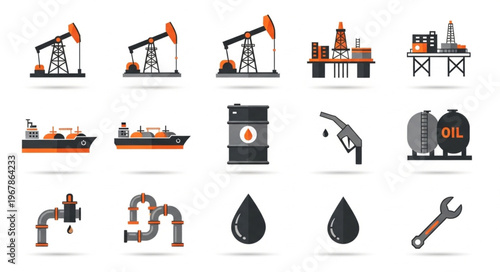 Oil Industry Icons - Pumpjacks, Tankers, Barrels, Nozzles, and Pipelines.
