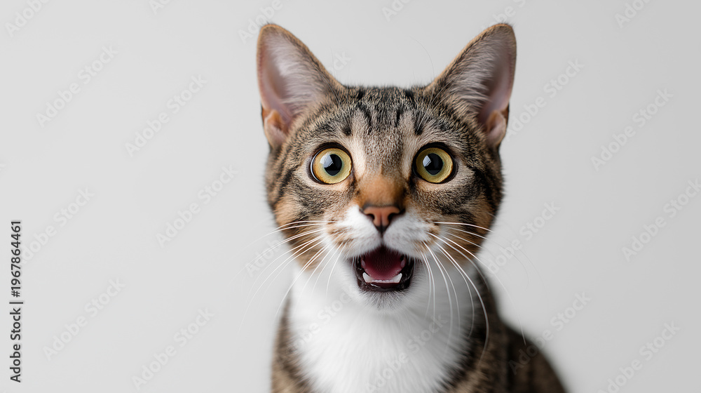 Obraz premium Surprised tabby cat with open mouth and expressive eyes isolated on neutral background