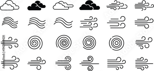 Weather icon set illustration, wind cloud silhouette, cyclone swirl design, atmospheric vector art, weather flat vector illustration