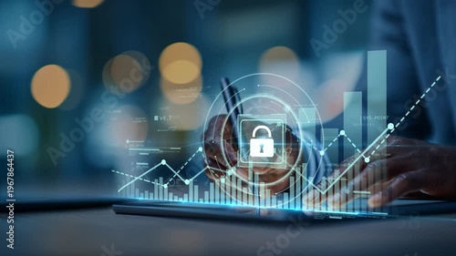 Black professional in futuristic office working on tablet with glowing lock symbol and upward chart, illustrating risk management, secure systems and data-driven business performance.