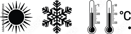 weather temperature icons vector, sun snowflake thermometer illustration, hot and cold climate symbols, celsius measurement, seasonal forecast graphic design