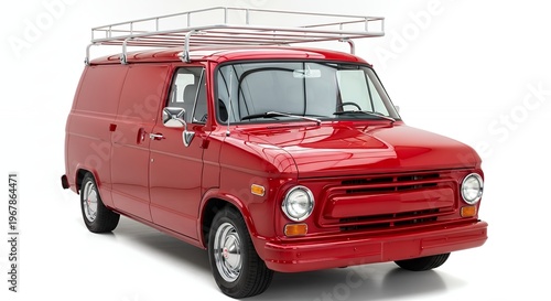 Red delivery van with roof rack isolated on white background
