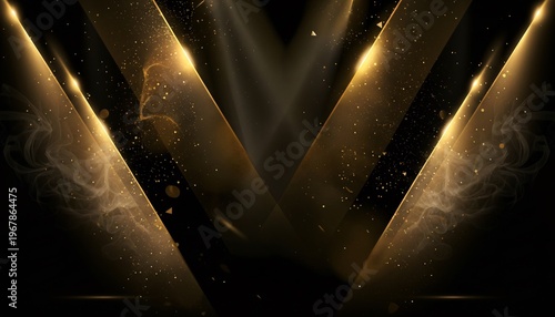 A dramatic stage with golden spotlights shining down on a dark background