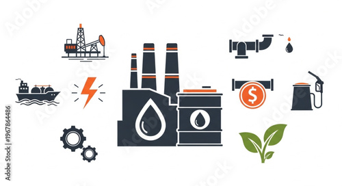 Oil and Gas Industry Icons - Energy Production and Environmental Considerations.