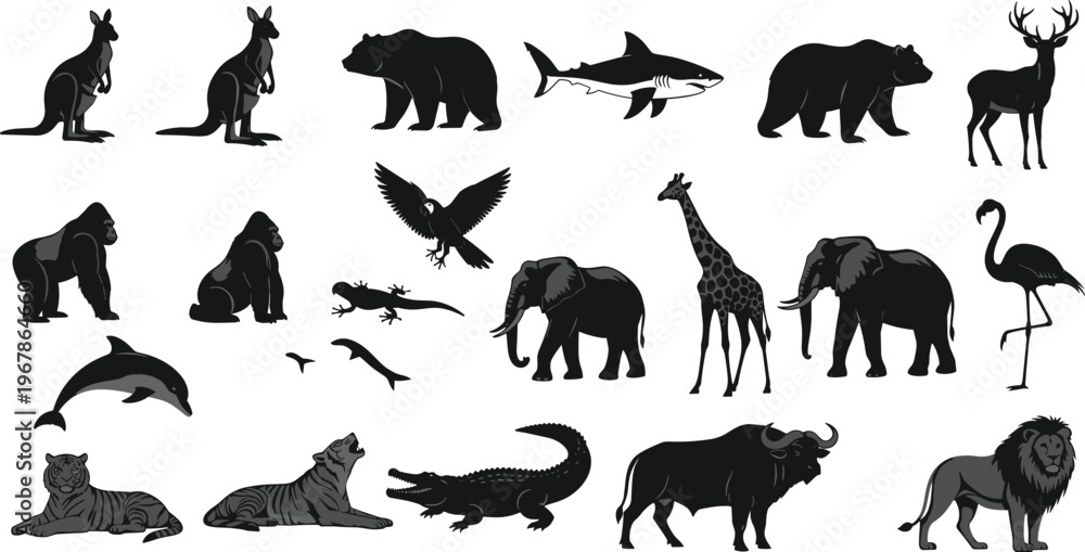 Obraz premium Wild animals silhouettes collection lion tiger elephant giraffe deer shark dolphin crocodile wildlife safari nature illustration set