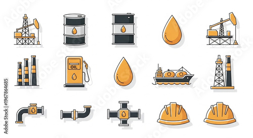 Oil and Gas Industry Icons - Production, Transportation, and Safety.