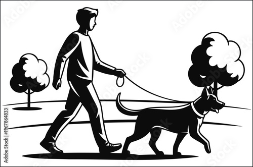 Person walking with dog silhouette vector pictogram for pet care, outdoor activity and lifestyle design. Symbolizing companionship, routine, movement and daily walking