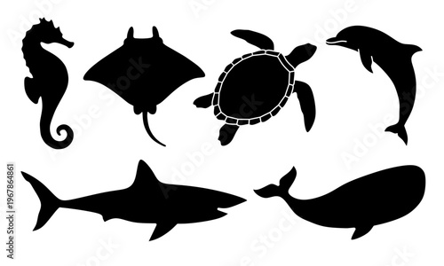 Sea Animal Silhouettes Set with Shark Whale Dolphin and Sea Turtle