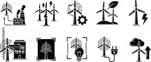 wind energy icons vector set, renewable power illustration, wind turbines, green electricity production, eco technology symbols, sustainable energy graphic collection