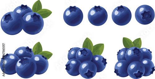 Blueberry vector collection with clusters and single berries. Fresh organic fruit with leaves in realistic glossy style. Perfect for packaging, food branding and healthy designs.