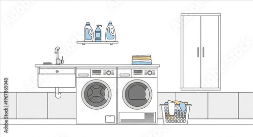 Laundry Room Illustration with Washing Machine and Dryer.