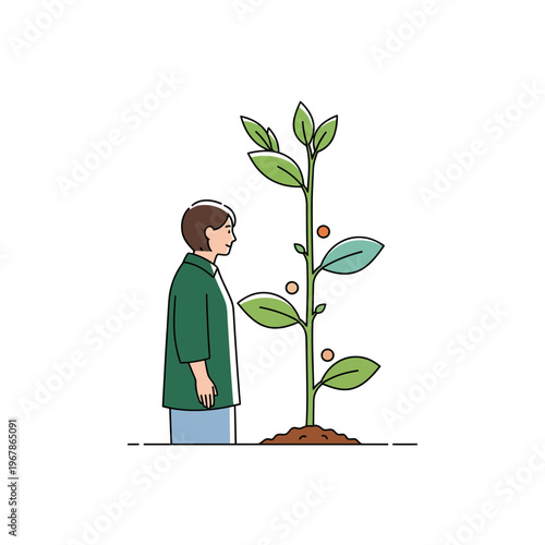 Minimalist vector illustration of a person observing a plant's growth and development