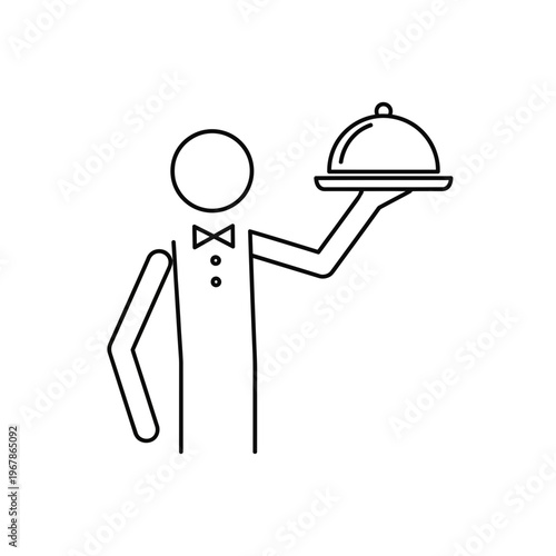 Minimalist vector illustration of a waiter holding a covered serving tray icon.