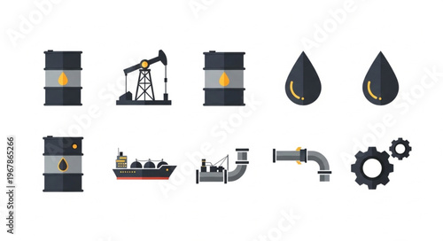 Oil Industry Icons - Barrel, Pumpjack, Tanker, Pipeline, and Gear.