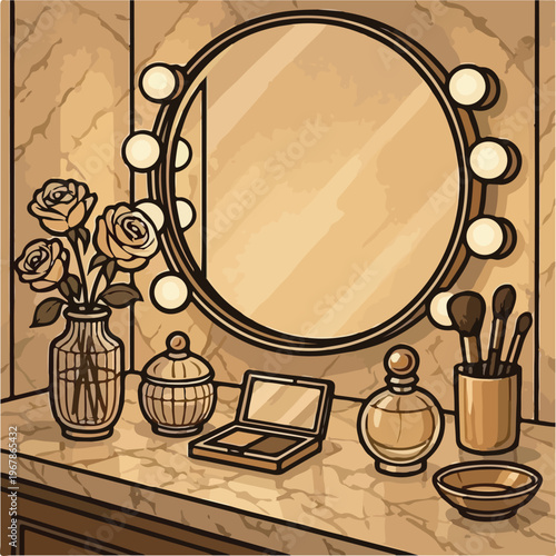 Circular vanity mirror with bright light bulbs surrounded by elegant roses and assorted makeup accessories on a marble table surface