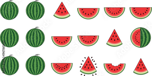 Watermelon fruit progression set from whole melons to sliced pieces. Minimal flat layout with bright summer colors. Ideal for food presentations, menus, and clean graphic compositions.