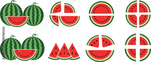 Watermelon cut variations vector set with halves, quarters, and slices. Clean geometric layouts with vibrant red pulp and green rind. Ideal for food infographics and summer visuals.