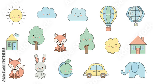 Canvas Print Set of cute funny cartoon animals vector illustration collection featuring eleph
