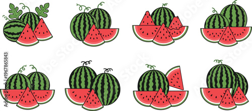 Watermelon vector set with whole fruits and sliced pieces in grouped compositions. Bright juicy red flesh and green rind. Perfect for summer food design and fresh product visuals.
