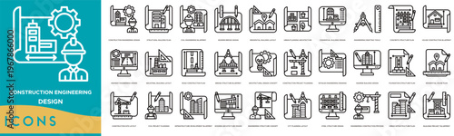Construction Engineering Design icon set. Structural Building Plan, Civil Engineering Blueprint, Modern Bridge Design, Residential Building Layout and Urban Planning Architecture