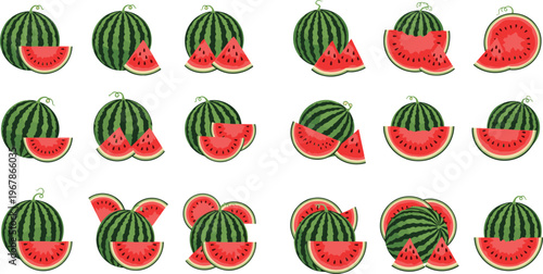 Watermelon vector set with whole fruits and sliced pieces in different arrangements. Bright juicy red flesh and green rind in flat style. Perfect for summer food design and fresh visuals.
