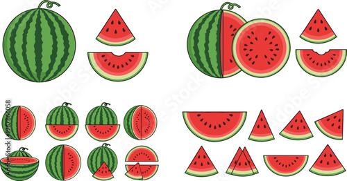 Watermelon vector collection with whole fruits and sliced pieces in various styles. Bright juicy red flesh and green rind in flat design. Perfect for summer food graphics and fresh visuals.
