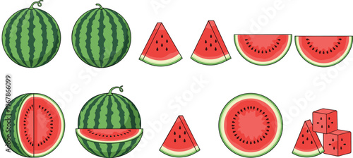 Watermelon vector set with slices, whole fruits, and cubes. Bright flat illustrations with juicy red flesh and green rind. Ideal for summer food design and fresh product visuals.