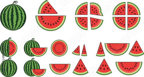 Watermelon vector set with slices and whole fruits in various cuts. Bright flat illustrations with juicy red flesh and green rind. Perfect for summer food design and fresh visuals.