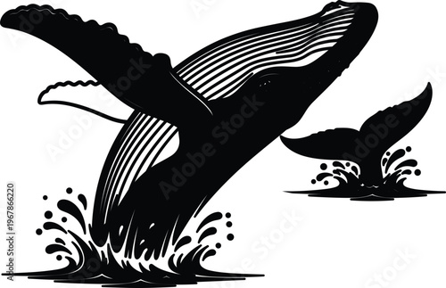 Humpback Whale Breaching Ocean Waves, Majestic Black and White Silhouette, Dynamic Splash Effect, Powerful Marine Life Vector Art, CAD Drawing Flat Vector Illustration