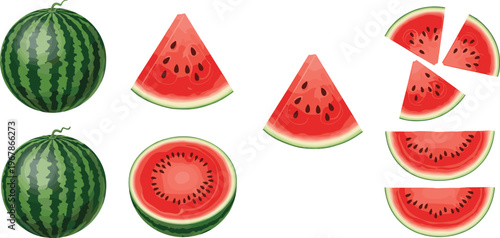 Watermelon slices and whole fruit vector set. Bright juicy red flesh with seeds and green rind. Ideal for summer food design, menus, and fresh healthy visuals.