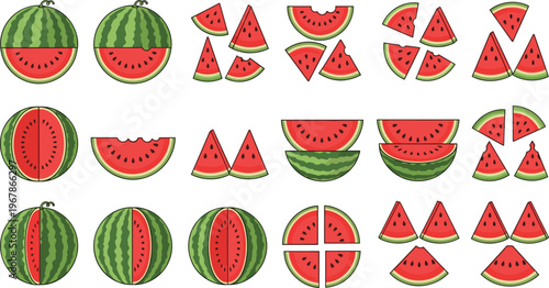 Watermelon vector set with slices and whole fruits arranged in rows. Bright juicy red flesh and green rind in flat style. Perfect for summer food design and fresh visuals.