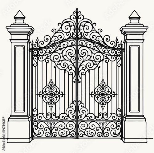 Decorative wrought iron gate featuring intricate metal scrollwork patterns mounted between two solid stone pillars in a classic architectural style
