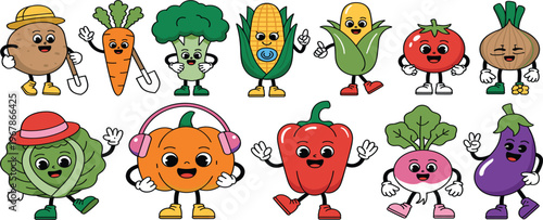 Cute vegetable cartoon character collection, funny food mascots set isolated on white background vector illustration