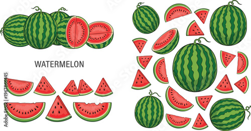 Watermelon slices arranged in creative circular patterns with whole fruits. Bright juicy red flesh and green rind illustrations. Ideal for summer food design, decorative layouts, and fresh visuals.