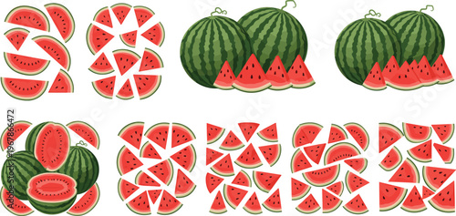 Watermelon slices arranged in creative circular compositions with whole fruits. Juicy red flesh and green rind in flat style. Perfect for summer food design, patterns, and decorative layouts.