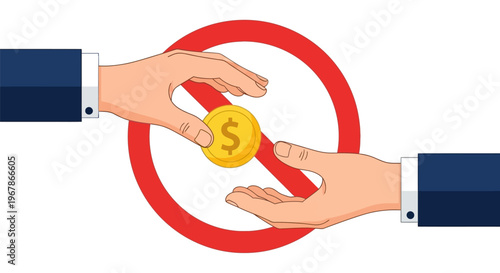 Hands exchanging money with red prohibition sign.