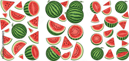 Watermelon collection with whole fruits and slices vector set. Bright juicy red flesh and green striped rind illustrations. Ideal for summer food design, patterns, and fresh branding visuals.