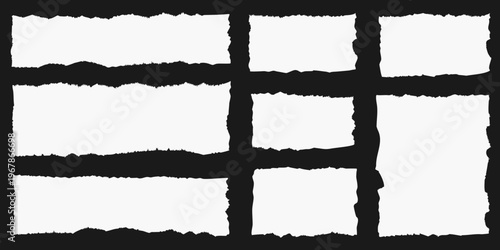 Nine torn paper pieces arranged in a grid on a black background