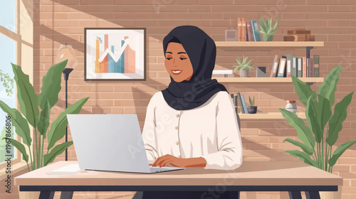 illustration of a professional woman wearing a black hijab and a white blouse, seated at a modern desk with a silver laptop