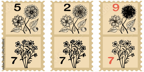 Floral postage stamps with numbers arranged in a grid pattern