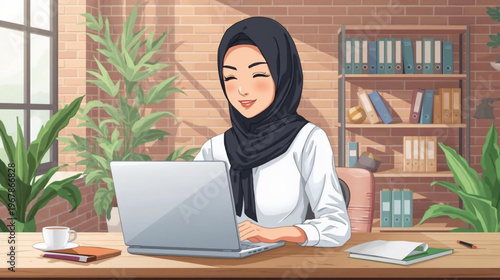 illustration of a professional woman wearing a black hijab and a white blouse, seated at a modern desk with a silver laptop