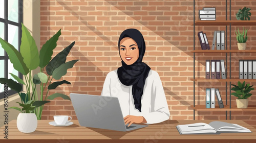 illustration of a professional woman wearing a black hijab and a white blouse, seated at a modern desk with a silver laptop