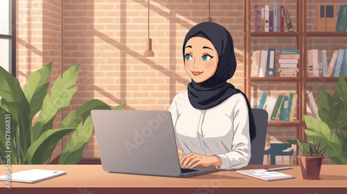 illustration of a professional woman wearing a black hijab and a white blouse, seated at a modern desk with a silver laptop
