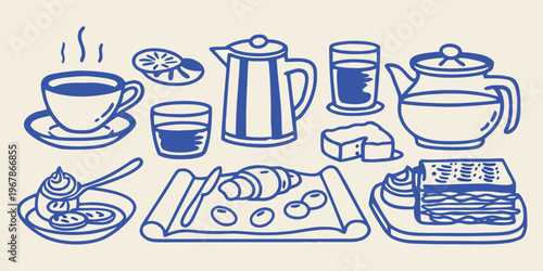 Blue line drawing of a breakfast spread with coffee and pastries